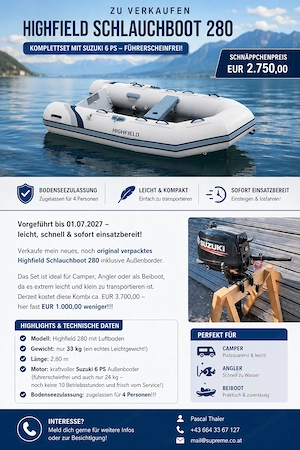 Zu verkaufen highfield schlauchboot 280 komplettset mit suzuki 6 ps - führerscheinfrei!