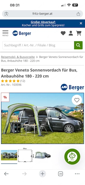 Busvorzelt Sonnenvordach Berger inkl magnetischer Kederleiste