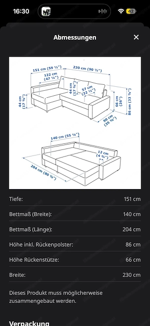 Sofa couch bettsofa bettcouch ikea beige 230x150 gebraucht voll funktional Bild 3