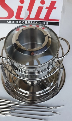 Silit Visio Fondue-Set Edelstahl Rostfrei: 6 Fonduegabeln, Glas-Spritzschutz, Rechaud m. Brenner, Si Bild 3