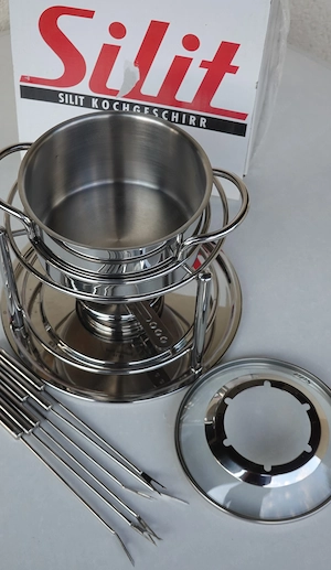 Silit Visio Fondue-Set Edelstahl Rostfrei: 6 Fonduegabeln, Glas-Spritzschutz, Rechaud m. Brenner, Si Bild 5