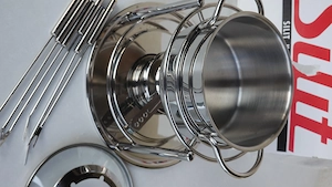 Silit Visio Fondue-Set Edelstahl Rostfrei: 6 Fonduegabeln, Glas-Spritzschutz, Rechaud m. Brenner, Si Bild 9