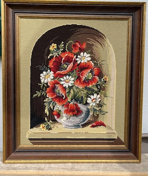 Gobelin - Stickbild - wunderschönes Mohnblumenmotiv im Erker