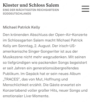 Michael Patrick Kelly    2 Tickets    2. August 2026     Schloss Salem Bild 2