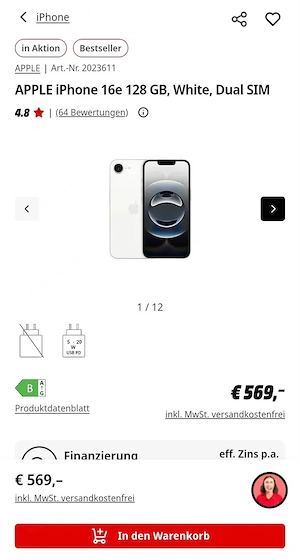 APPLE iPhone 16e 128 GB, White  Weiß, Dual SIM Bild 3