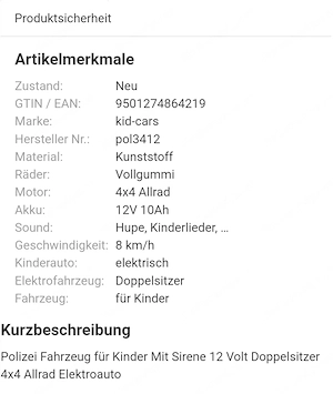 Elekroauto Polizei Kinder Bild 5