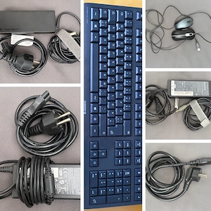 Konvolut: Original Netzteile Lenovo & Dell + Netzkabel, Cherry Tastatur & Logitech Mäuse