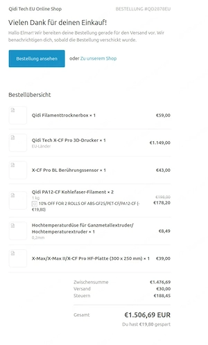 Qidi Tech X-CF Pro 3D-Drucker   originalverpackt, nie benutzt (Kauf 2023) Bild 2
