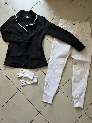 Turnierjacke schwarz Größe M wie Neu + weiße Reithose Größe 38 und Handschuhe Bild 2