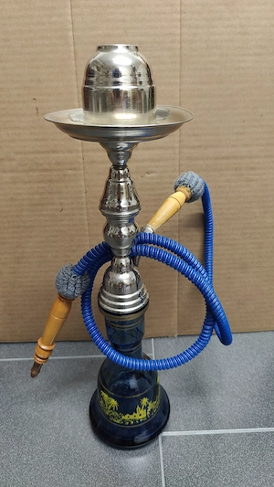 Klassische blaue Shisha Wasserpfeife mit zwei Schläuchen   verchromt   dekorativ