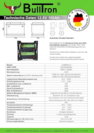 BullTron Basic 100Ah Lithium-Batterie, inkl. Smart BMS mit 100A Dauerstrom & BT App Bild 4
