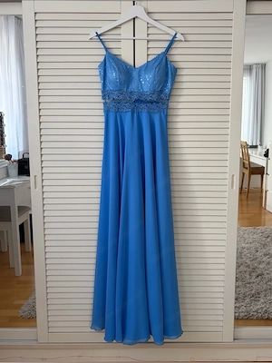 Ballkleid bodenlang blau Vera Mont mit Pailletten Abendkleid Abiballkleid Maturakleid V-Ausschnitt Bild 2