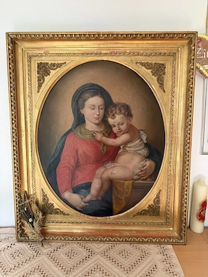 Großes antikes Ölgemälde  Madonna mit Kind  im prächtigen Goldrahmen (Prunkrahmen   Sakrale Kunst)