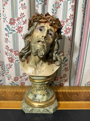Christusbüste  Santo Cristo de Limpias  mit Dornenkrone & Glasaugen (ca. 34 cm)   Sakrale Kunst Bild 2