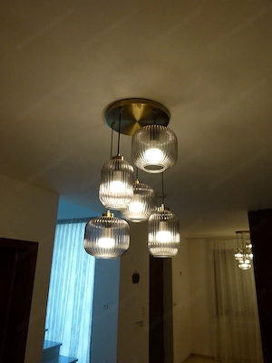Design-Pendelleuchte 5-flammig Riffelglas Messing   neuwertig Bild 3