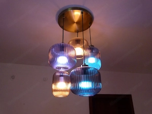 Design-Pendelleuchte 5-flammig Riffelglas Messing   neuwertig Bild 4