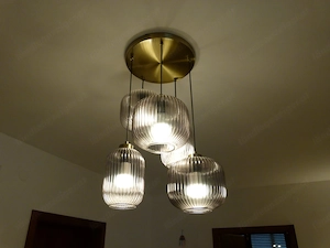 Design-Pendelleuchte 5-flammig Riffelglas Messing   neuwertig