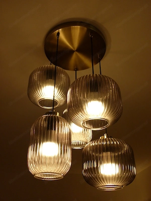 Design-Pendelleuchte 5-flammig Riffelglas Messing   neuwertig Bild 2