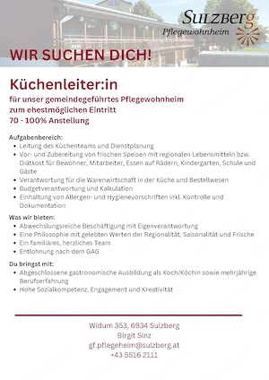Küchenleitung (70 - 100 %) für das Pflegewohnheim in Sulzberg gesucht