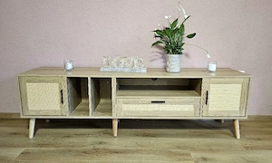 TV-SCHRANK in Eiche-Optik mit Rattan-Front | 180 cm | 2 Türen + 1 Schublade | NEU & OVP Bild 2