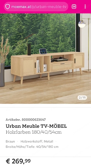TV-SCHRANK in Eiche-Optik mit Rattan-Front | 180 cm | 2 Türen + 1 Schublade | NEU & OVP Bild 3