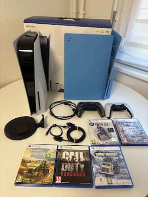 PlayStation 5 Disc 825 GB Edition   2 Controller   5 Spiele   blaue Sony-Hülle