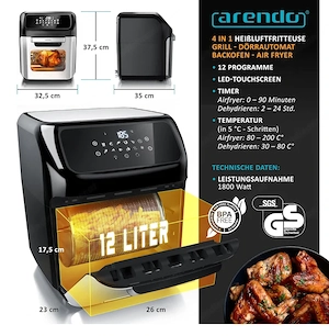 Arendo - Heißluftfritteuse XXL mit LED Touchscreen- 12 Liter - Grill - Dörrautomat - Backofen - Air  Bild 2