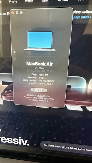 MacBook Air 2020, M1 Chip, 8GB RAM, 256GB SSD   wie neu (Silber) Bild 5