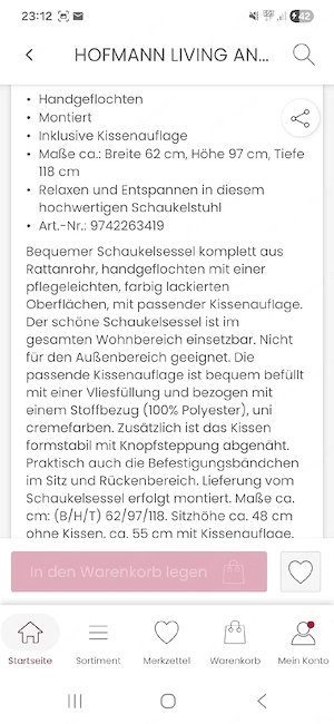 Schaukelstuhl Handgeflochten NEU !!Hofmann Living and more. Honigfarben Bild 5