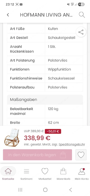 Schaukelstuhl Handgeflochten NEU !!Hofmann Living and more. Honigfarben Bild 2