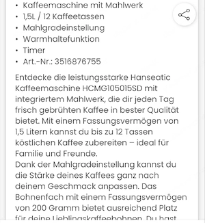 Kaffeemaschine mit Mahlwerk Hanseatic NEU Bild 4