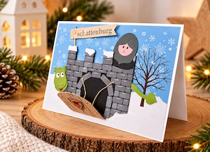 Handgemachte  Schattenburg  - Karte   mit aufklappbarem Burgtor