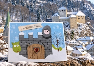 Wunderschöne handgefertigte Doppelkarte, Ritterburg im Winter, A5
