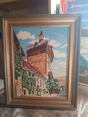 Bild Kirchturm gestickt  in sehr schönem Holzrahmen