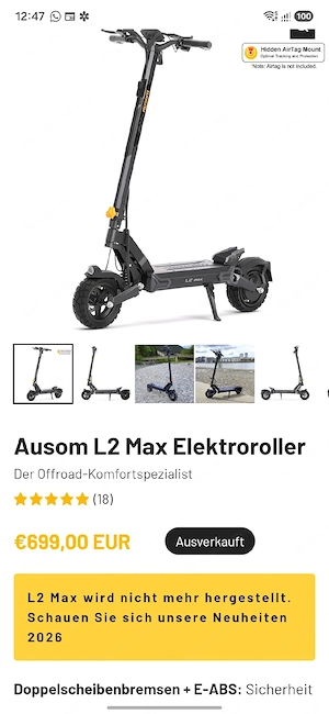 Ausom L2 Max E-Scooter (Single Motor) - Top Zustand - Reifen wie neu! Bild 5