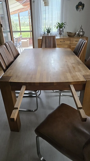 Eichentisch 100x160cm mit Verlängerungsplatte 50cm + 6 Lederstühle Bild 2