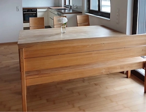 Massivholztisch 180 x 90 mit Verlängerung, 5 Stühle und Sitzbank Bild 2