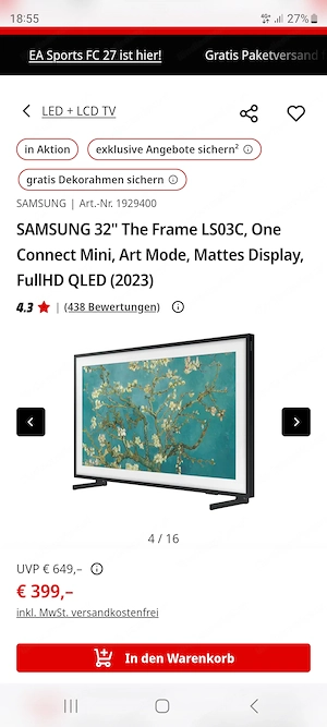 Samsung Frame 32 '' mit flächenbündiger Wandhalterung
