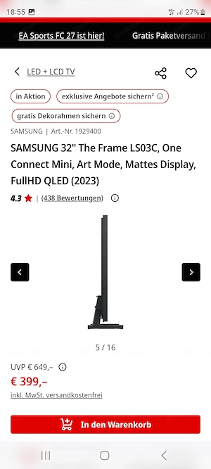 TV Samsung Frame 32 '' mit flächenbündiger Wandhalterung Bild 3