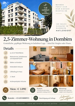 Möblierte 2,5-Zimmer-Wohnung in Dornbirn   3. Stock mit Lift