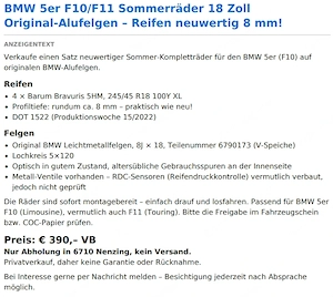 BMW 5er F10 F11 Sommerräder 18 Zoll Original-Alufelgen   Reifen neuwertig 8 mm! Bild 4