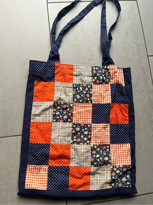 Handmade Patchwork Stofftasche gefüttert Tote Bag Blau Orange Bild 5
