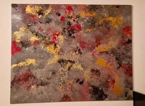 Abstraktes Acrylgemälde (100x80 cm) - Handgemaltes Fluid Art Unikat in Grau  Rot  Gold Bild 2
