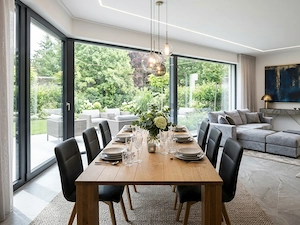 Premium Esstisch Massivholz Eiche 235x110 + 6 schwarze Lederstühle Bild 2