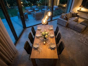 Premium Esstisch Massivholz Eiche 235x110 + 6 schwarze Lederstühle Bild 3