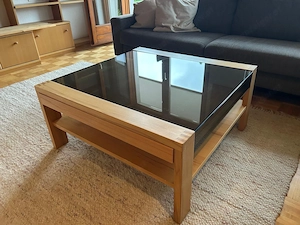 Couchtisch Massivholz Glas mit ausziehbarer Schublade und Ablagefach Bild 2