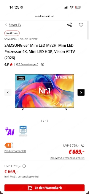 SAMSUNG 65" LED M72H, Mini LED Prozessor 4K, Mini LED HDR, Vision AI TV (2026) Bild 4