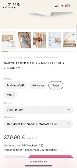 Ehrenkind Babybett Pur Natur (70x140 cm) inkl. Matratze, Bettumrandung & 2 Bezügen Bild 3
