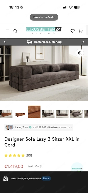 Designer Sofa Lazy 3 Sitzer XXL in Cord (Omhu-Stil   Dupe)   wie neu! Bild 2