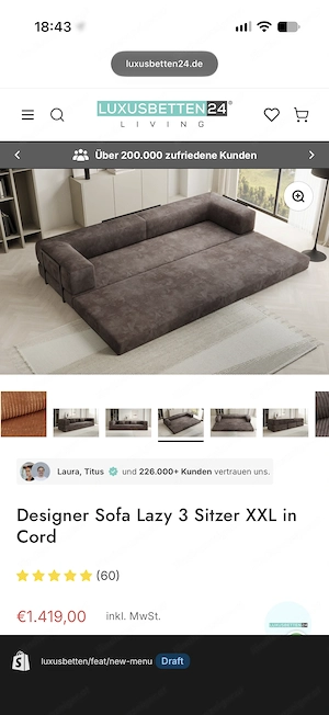Designer Sofa Lazy 3 Sitzer XXL in Cord (Omhu-Stil   Dupe)   wie neu! Bild 3